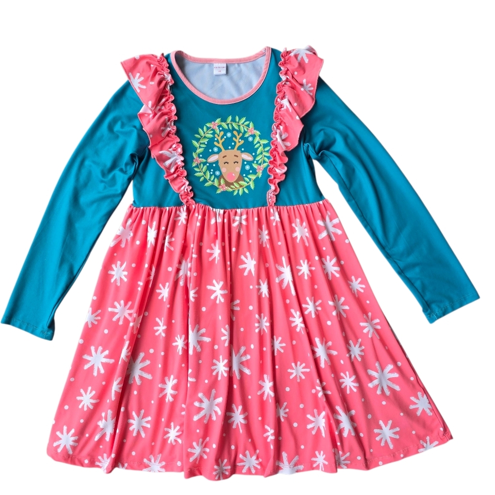 Penelope Plumm Pink and Teal Ruffle Long Sleeve Reindeer Snowflake Dress Size 12